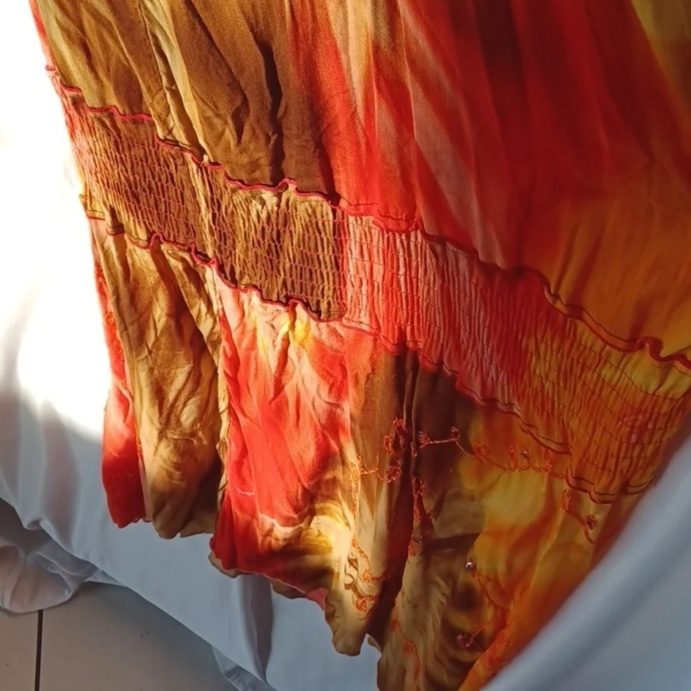 Punta Cana Dress, comfy, orange, yellow, brown,  tie shoulders